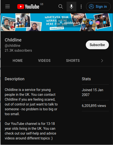 Screenshot of Childline YouTube Channel About section - advising channel is for 13-18 year olds.