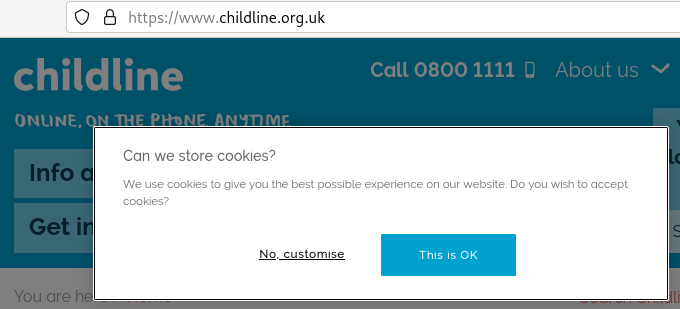 Screenshot of Childline cookie banner