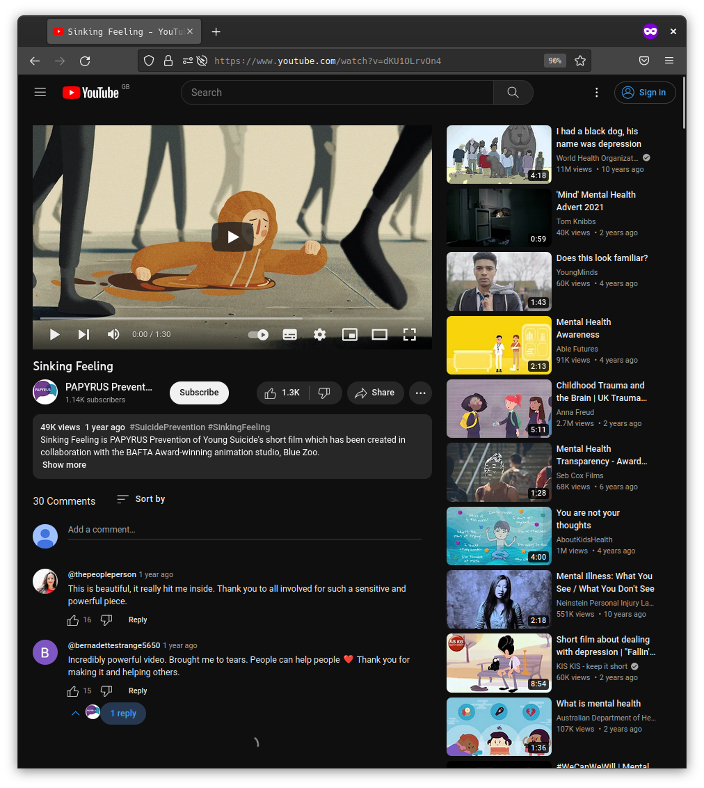 Screenshot of YouTube Sinking Feeling showing comments and social functions