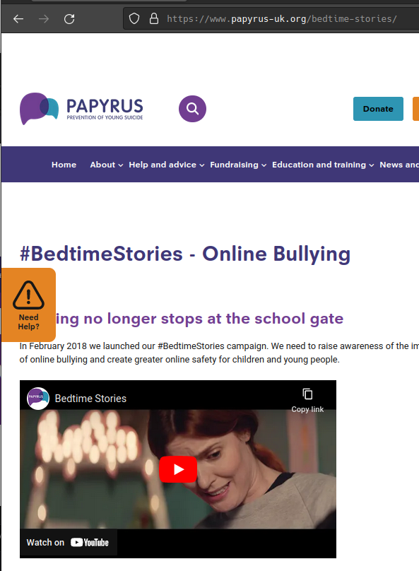 Screenshot of YouTube embed on Papyrus' Bedtime Stories page