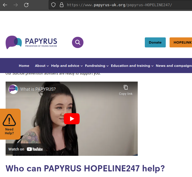 Screenshot of YouTube embed on Papyrus' HOPELINE247 page