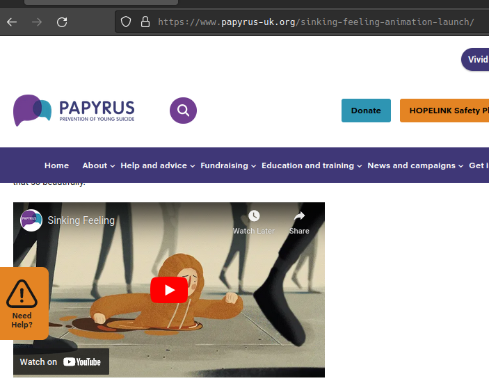 Screenshot of YouTube embed on Papyrus' Sinking Feeling launch page