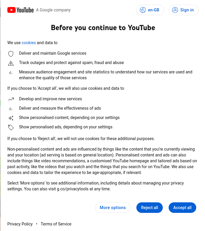 Screenshot of YouTube cookie banner